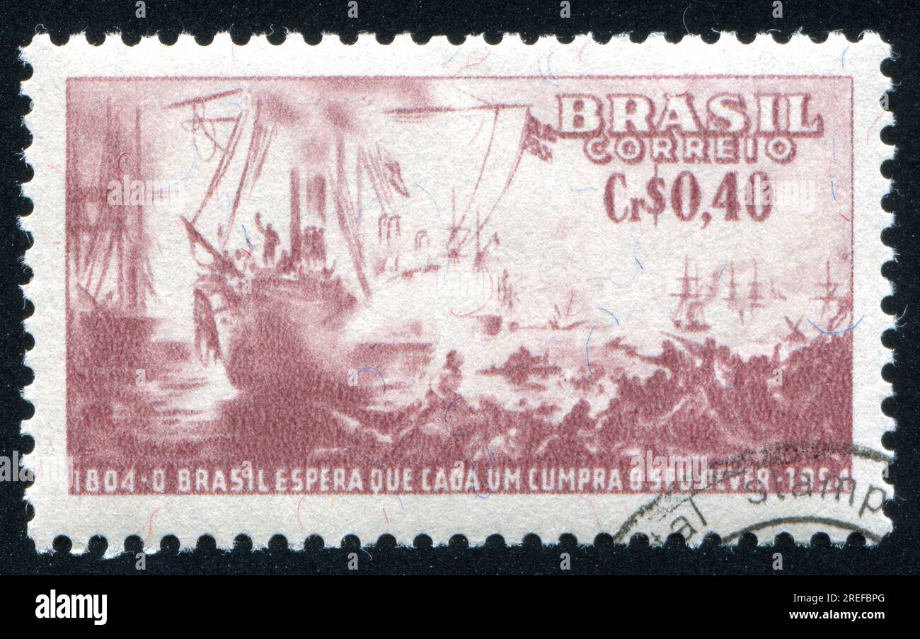 BRASILIEN - CIRCA 1954: Briefmarke gedruckt von Brasilien, zeigt die Schlacht am Fluss Riachuelo, circa 1954 Stockfoto