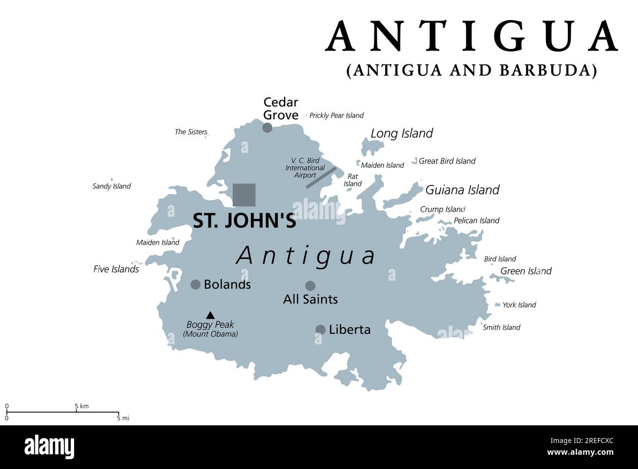 Antigua, Insel auf den kleinen Antillen, graue politische Karte. Eine der Leeward-Inseln in der Karibik, die bevölkerungsreichste Insel von Antigua und Barbuda. Stockfoto