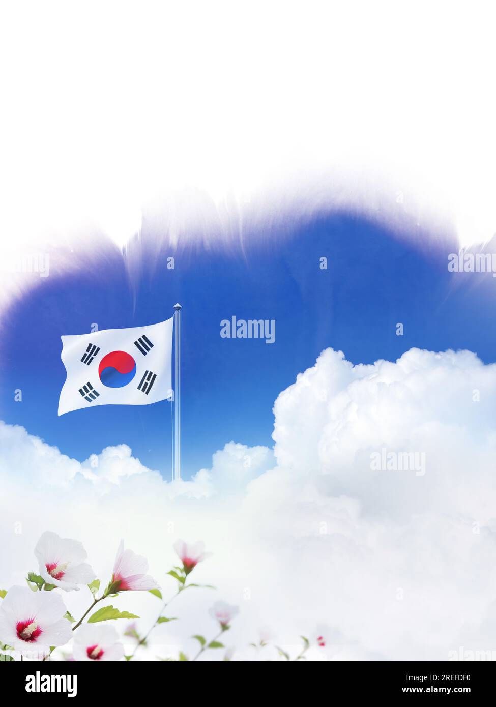 Blauer Himmel und Wolken Republik Korea Taegeukgi und Mugunghwa Blume und Samiljeol und Befreiungstag, Verfassungstag und Hangeul Tag und Memorial D Stockfoto