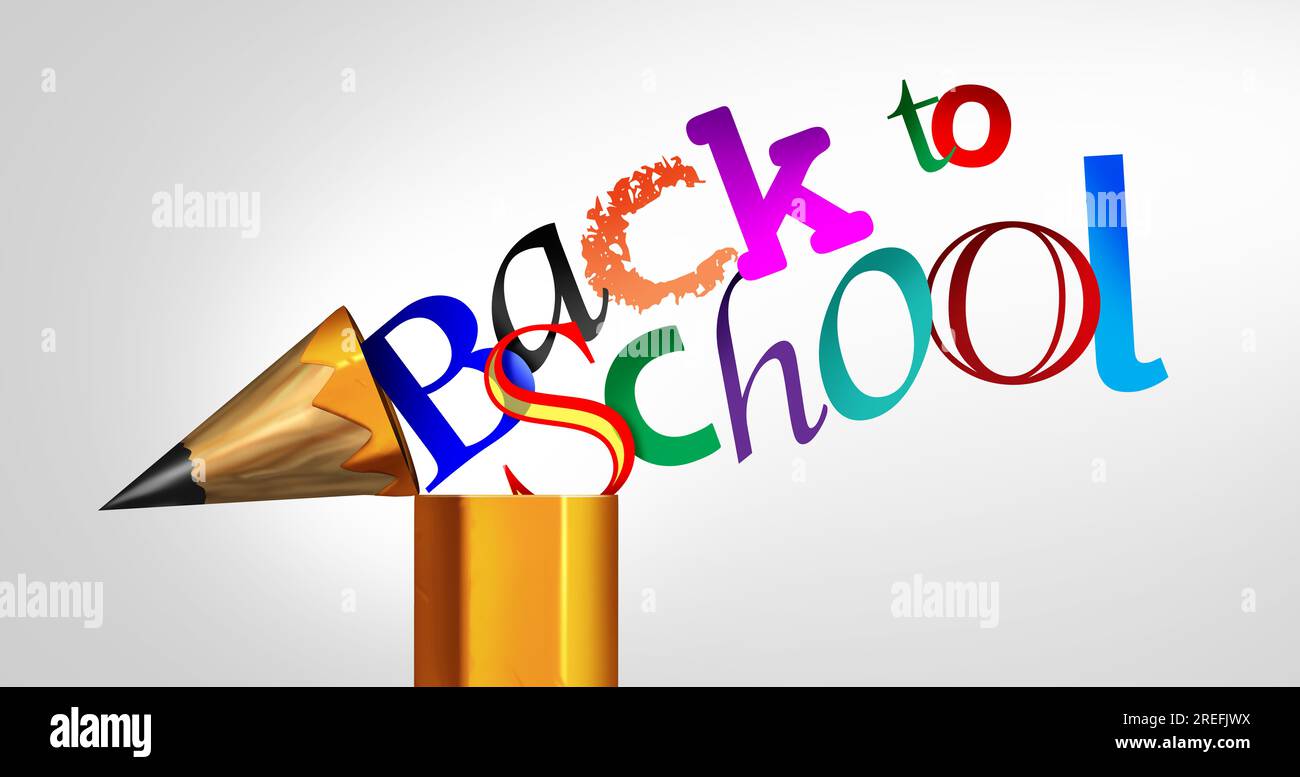 „Back to School“-Symbol als Beginn der Highschool oder Grundschule als Feier der Bildung und ein Willkommen zur Eröffnung eines Lernens und einer Ausbildung Stockfoto