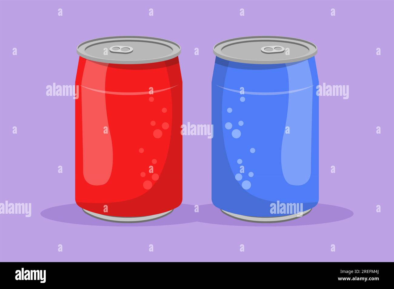Flacher Cartoon mit stilisiertem Erfrischungsgetränk auf Aluminiumetiketten. Emblem Getränkegeschäft-Konzept für Café-Shop oder Gastronomiedienst. Aktualisieren d Stockfoto