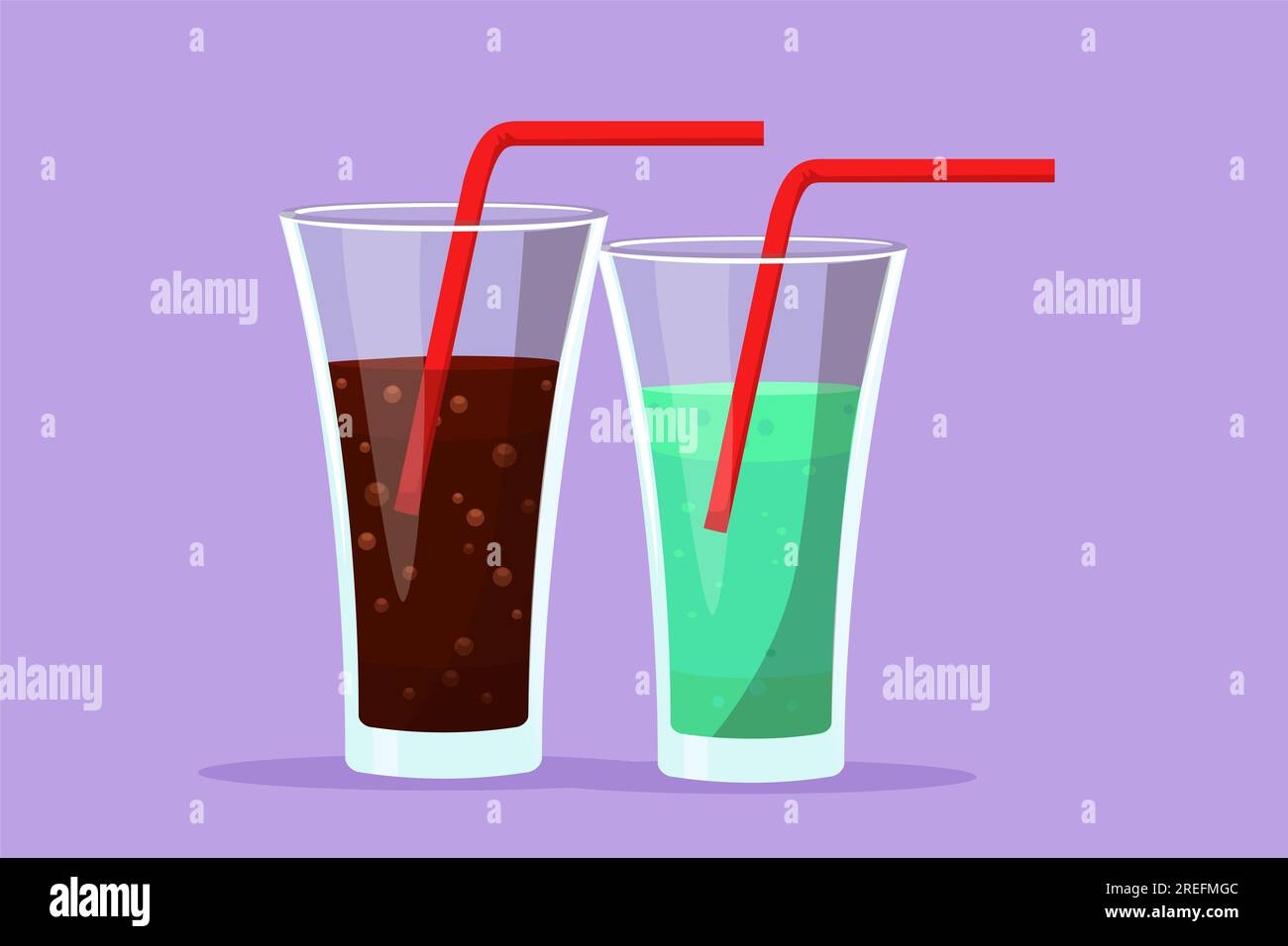 Flacher Cartoon-Stil, der ein frisches, süßes alkoholfreies Getränk auf Glas zeichnet, mit Emblem mit Eiswürfel-Logo. Trinkcafé-Shop Logo-Vorlage Symbolkonzept. dr. Wird aktualisiert Stockfoto
