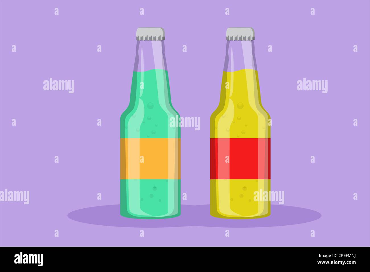 Flaches Grafikdesign mit stilisiertem Logo für Erfrischungsgetränke auf Glasflaschen. Emblem Getränkegeschäft-Konzept für Café-Shop oder Gastronomiedienst. dr. Wird aktualisiert Stockfoto