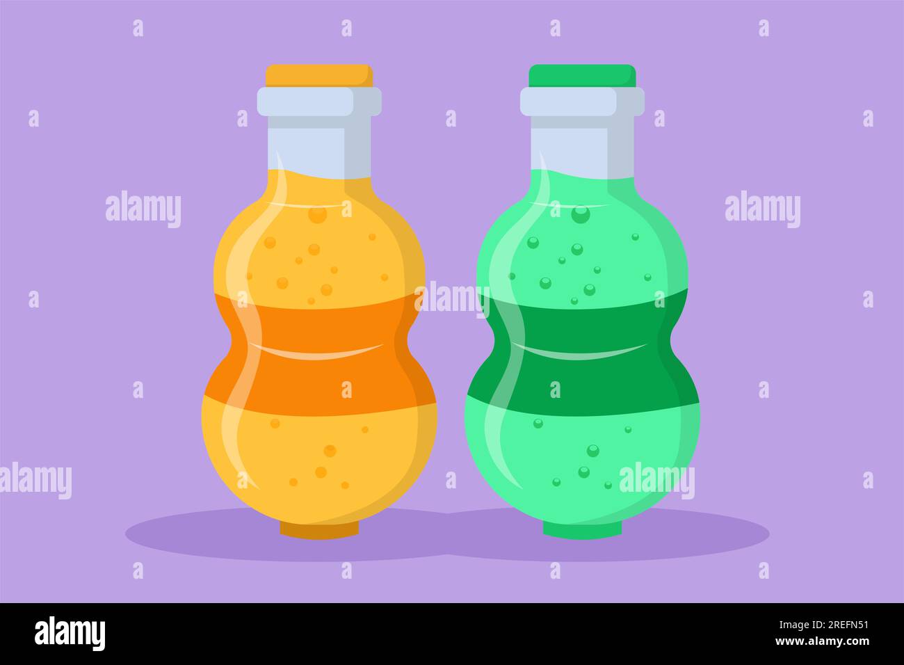 Zeichnen eines frischen Erfrischungsgetränks mit flacher Figur auf einem Logo-Etikett aus Plastikflasche. Markengeschäft für Restaurants, Geschäfte oder Lieferservice für Speisen. Erfrischendes dri Stockfoto