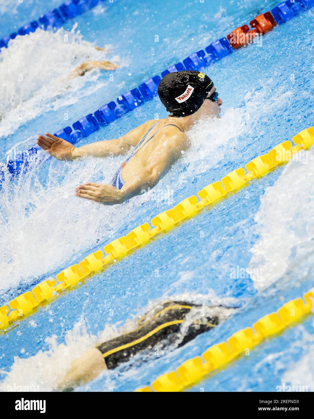 FUKUOKA - 28/07/2023, Maaike de Waard in Aktion mit den 50 Schmetterlingsmädchen am sechsten Tag der Schwimmweltmeisterschaft in Japan. ANP KOEN VAN WEEL niederlande raus - belgien raus Stockfoto