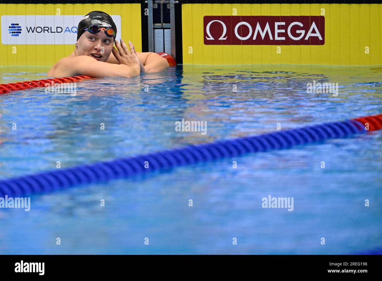 Fukuoka, Japan. 28. Juli 2023. Alisee Pisane wurde am Freitag, den 28. Juli 2023, nach dem Freestyle 800m der Frauen bei den World Aquatics Championships in Fukuoka, Japan, fotografiert. BELGA FOTO NIKOLA KRSTIC Credit: Belga News Agency/Alamy Live News Stockfoto