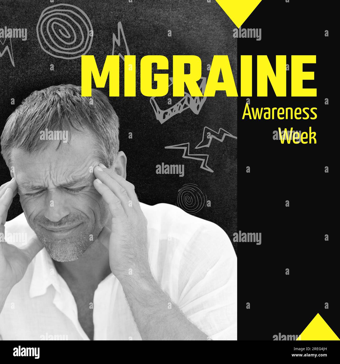 Text zur Migränebewusstseinswoche in Gelb auf Schwarz mit notleidendem Kaukasier, der den Kopf vor Schmerzen hält Stockfoto