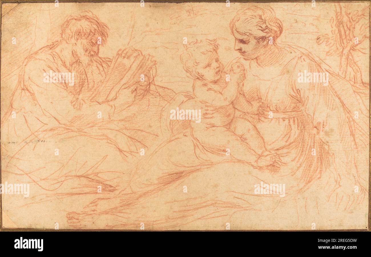 Simone Cantarini, die Heilige Familie, 0, rote Kreide auf hellbraunem Papier, Blatt: 10,8 x 17,6 cm (4 1/4 x 6 15/16 Zoll) Halterung: 19,2 x 26,5 cm (7 9/16 x 10 7/16 Zoll), Joseph F. McCrindle Collection, 2009.70.90' Stockfoto