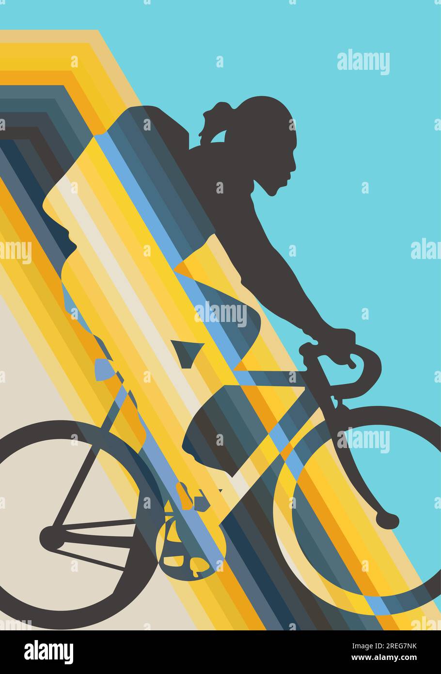 Radfahrer-Frau farbenfrohe Silhouettenvektordarstellung in Bewegung. Gelbes Raddesign auf blauem Hintergrund, fertige Cover-Poster Stock Vektor