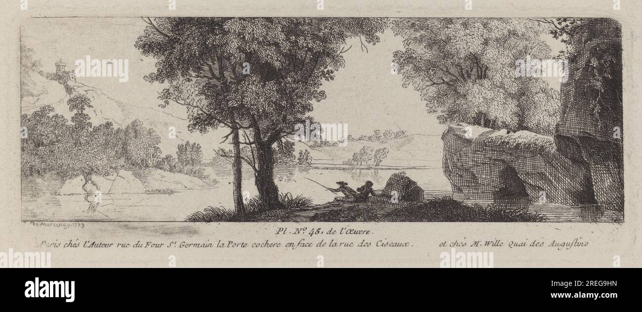 „Antoine de Marcenay de Ghuy, Flusslandschaft mit Angler, 1773, Ätzen auf gewebtem Papier, Platte: 4,8 x 12,1 cm (1 7/8 x 4 3/4 Zoll) Blatt: 6,9 x 14,6 cm (2 11/16 x 5 3/4 Zoll), Geschenk des Anwesens von Leo Steinberg, 2011.139.128' Stockfoto