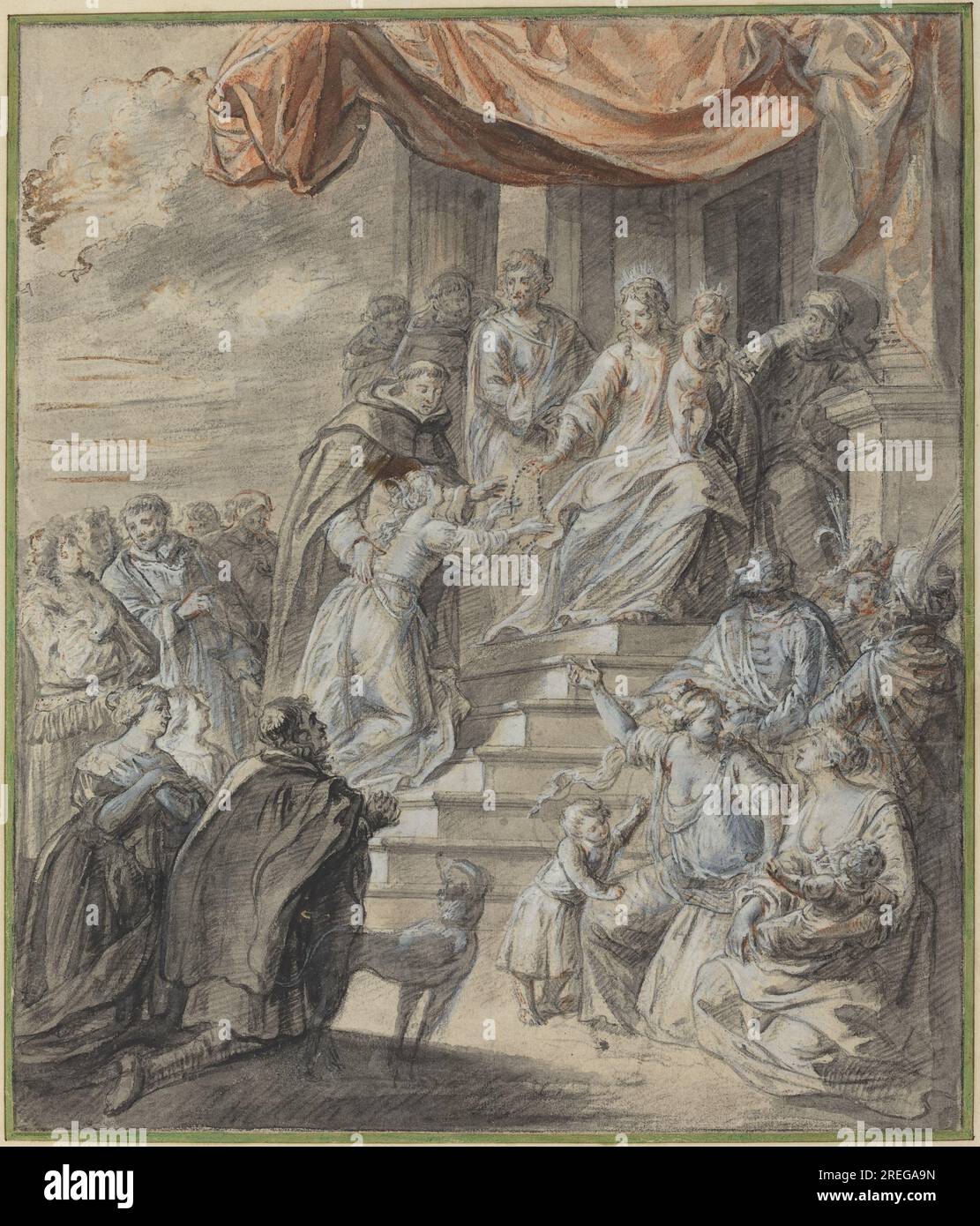 „Abraham van Diepenbeeck, Madonna und Kind mit Rosenkranz und Heiliger, 0, schwarze und rote Kreide mit grauer Wäsche, erhöht mit Weiß, Overall (ca.): 31,2 x 26,5 cm (12 5/16 x 10 7/16 Zoll) Stütze (Achteck): 41,8 x 32,7 cm (16 7/16 x 12 7/8 Zoll), Rosenwald Collection, 1943,3.8857' Stockfoto