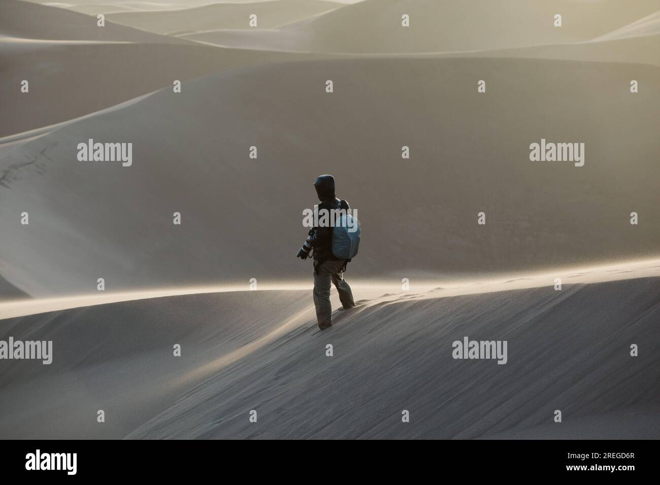 Der Fotograf hält entlang der windigen Sanddünen-Wüste Stockfoto