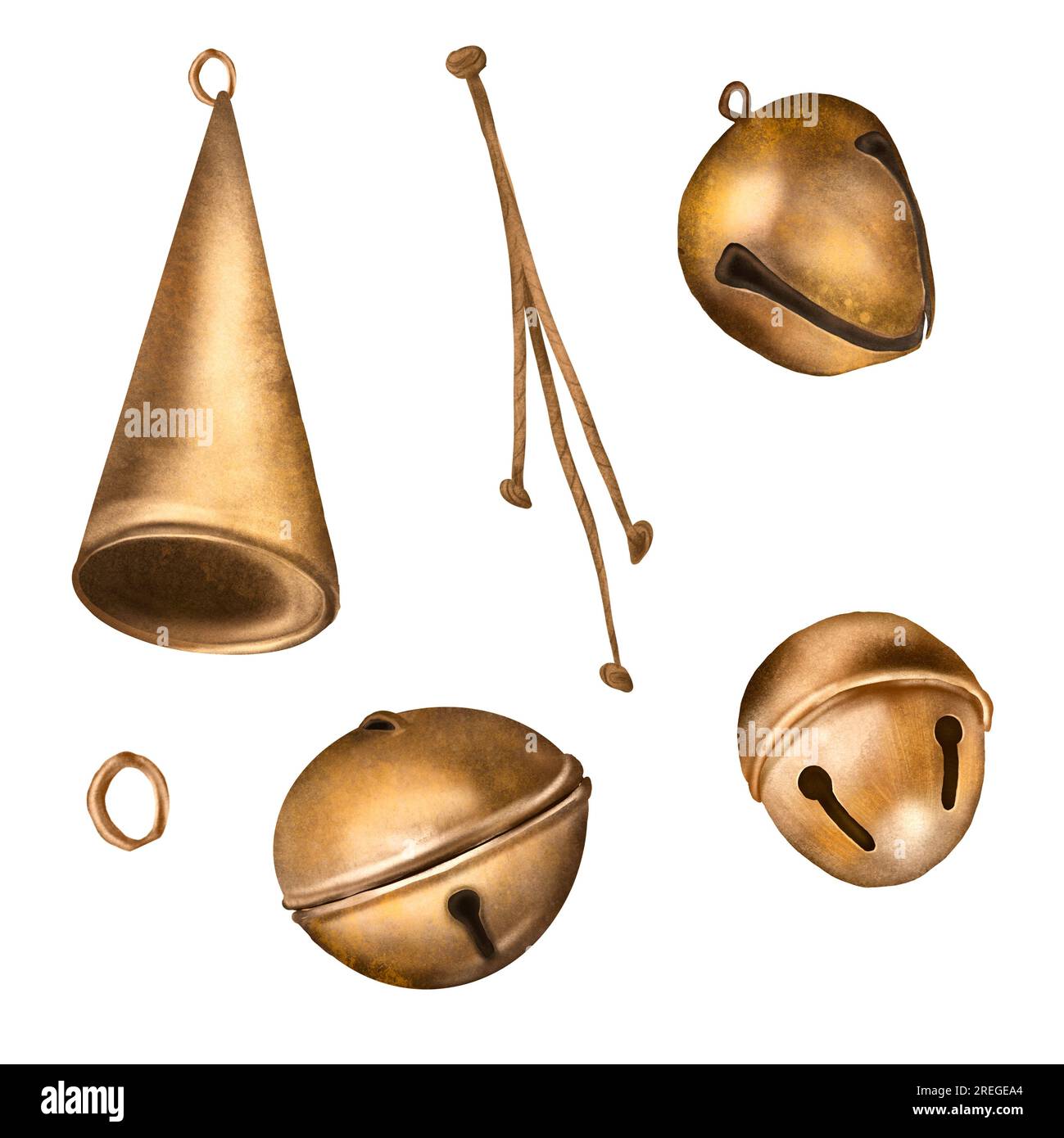 Set mit Bronzeglöckchen, digitale Illustration, Aquarellfarben, isoliert auf Weiß. Rentierglocke, Weihnachtssymbol, Metalldekoration, handgezeichnet. E Stockfoto