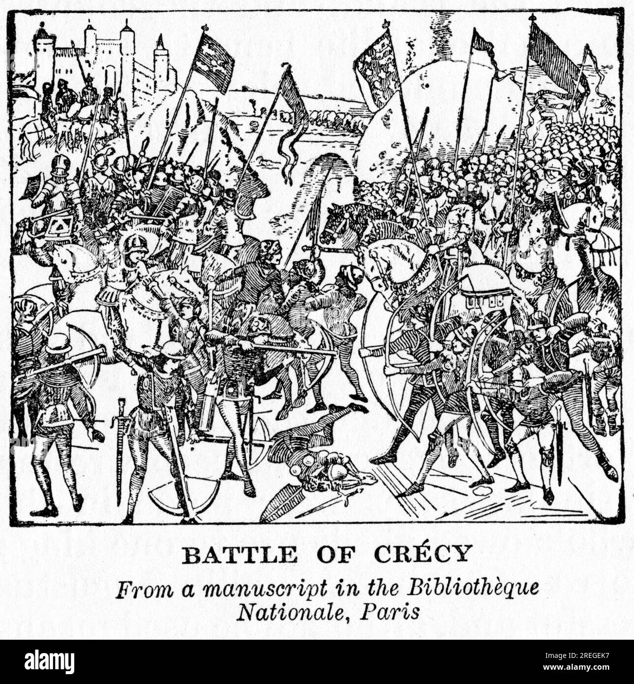 Die Schlacht von Crécy am 26. August 1346 in Nordfrankreich zwischen einer französischen Armee unter dem Kommando von König Philip VI. Und einer englischen Armee unter dem Kommando von König Edward III Stockfoto