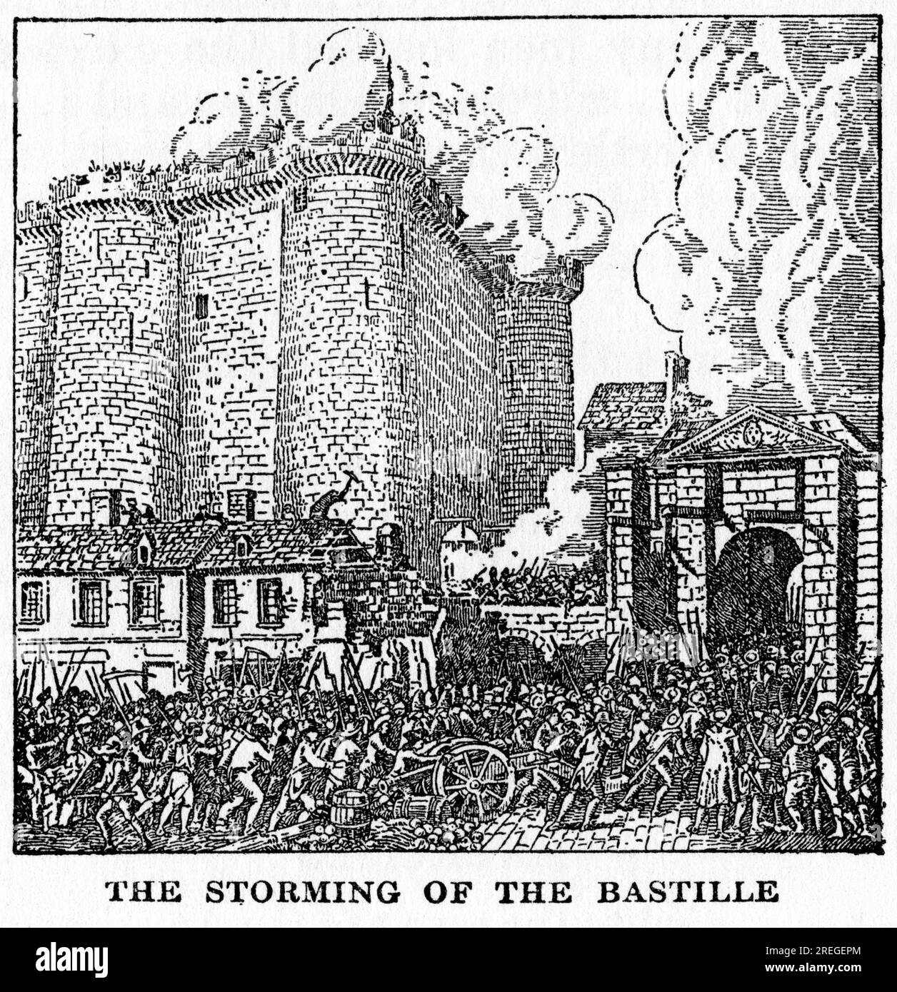 Gravur des Sturms der bastille, des ersten großen Ereignisses der Französischen Revolution Stockfoto