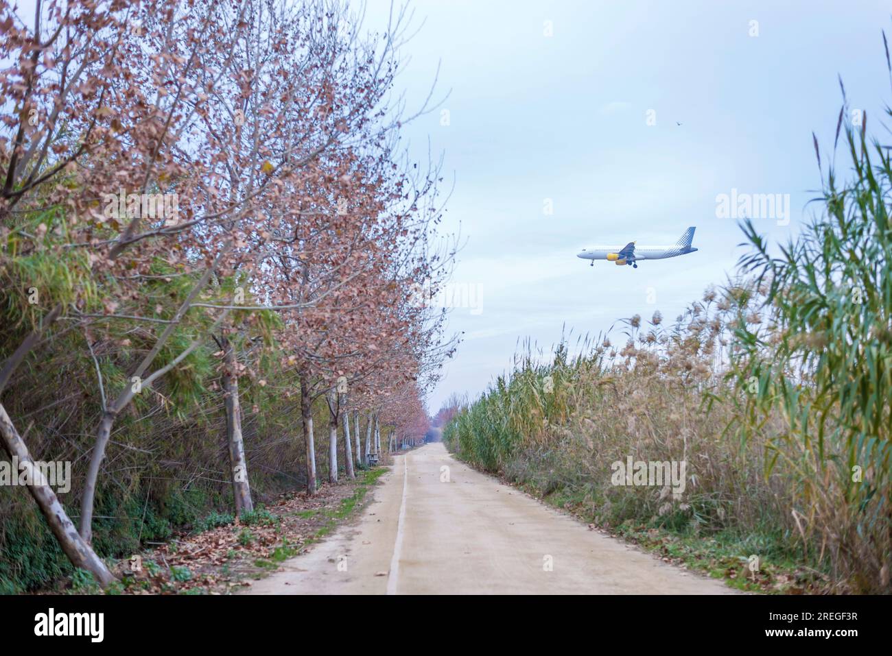 Seitenansicht eines Flugzeugs, das über einer unbefestigten Straße in einer ländlichen Gegend in der Nähe des Flughafens abhebt Stockfoto