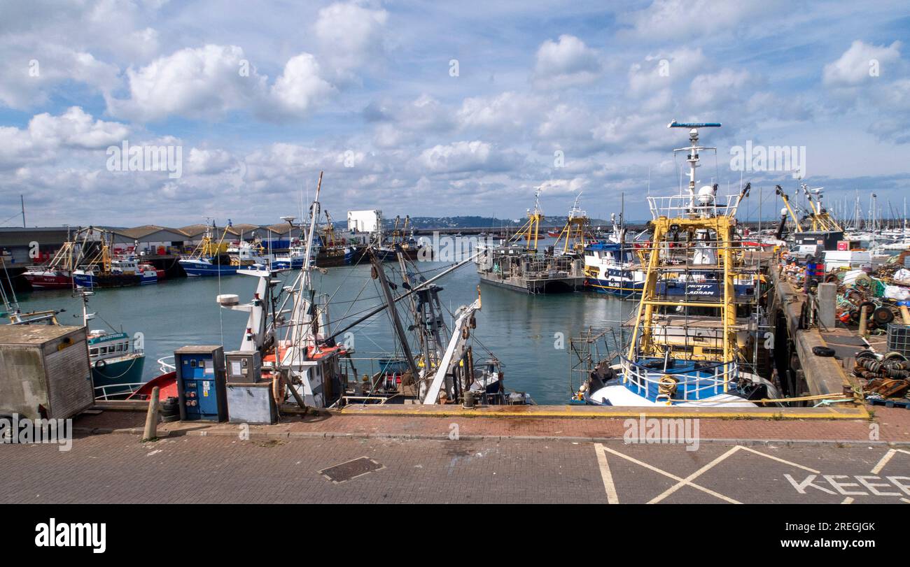 Fischerboote im Hafen von Brixham, einem großen Fischereihafen in Devon, England. Fischereiindustrie Vereinigtes Königreich Stockfoto