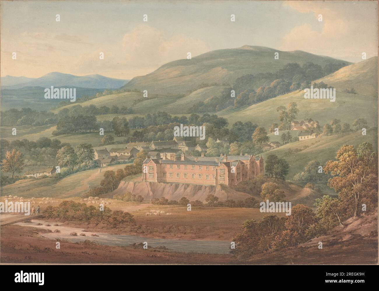 „John William Upham, Blick auf ein Anwesen, 0, Aquarell über Graphit auf gewebtem Papier, insgesamt: 33,4 x 48,1 cm (13 1/8 x 18 15/16 Zoll), Geschenk von John Nichols Estabrook und Dorothy Coogan Estabrook, 1988.20.42“ Stockfoto