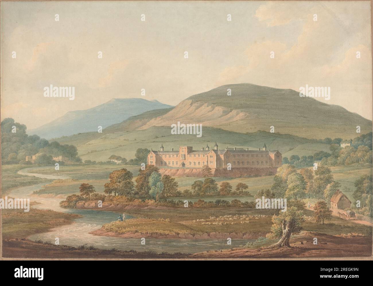 „John William Upham, Blick auf ein Anwesen, 0, Aquarell über Graphit auf gewebtem Papier, insgesamt: 33,2 x 48 cm (13 1/16 x 18 7/8 Zoll), Geschenk von John Nichols Estabrook und Dorothy Coogan Estabrook, 1988.20.43“ Stockfoto