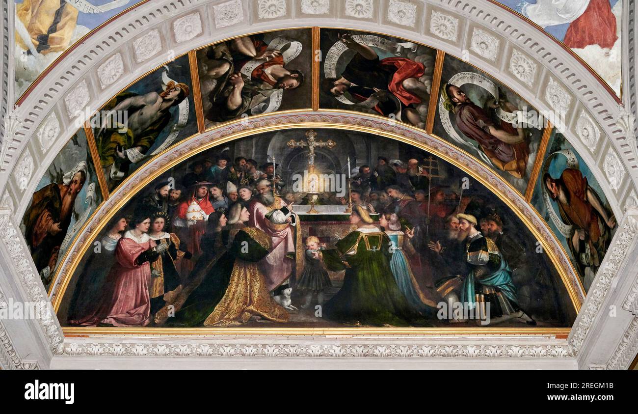 La messa di S. Gregorio, i profeti Isaia, Ezechiele, Zaccaria, Malachia, Mosè e Abacuc - olio su tela - Gerolamo Romani Detto Romanino - 1524 - Bresc Stockfoto