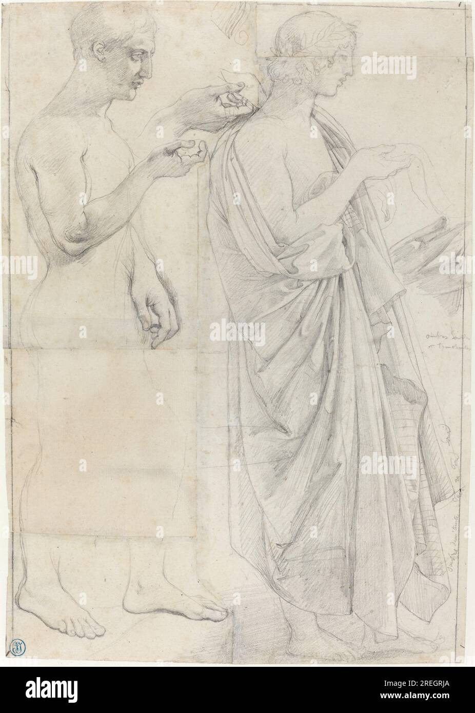 „Jean-Auguste-Dominique Ingres, Two Studies of Virgil, c. 1812 und c. 1825, Graphit auf 5 verbundenen Blättern Papier, insgesamt: 43,8 x 30,9 cm (17 1/4 x 12 3/16 Zoll), Woodner Collection, 1993.51.8“ Stockfoto