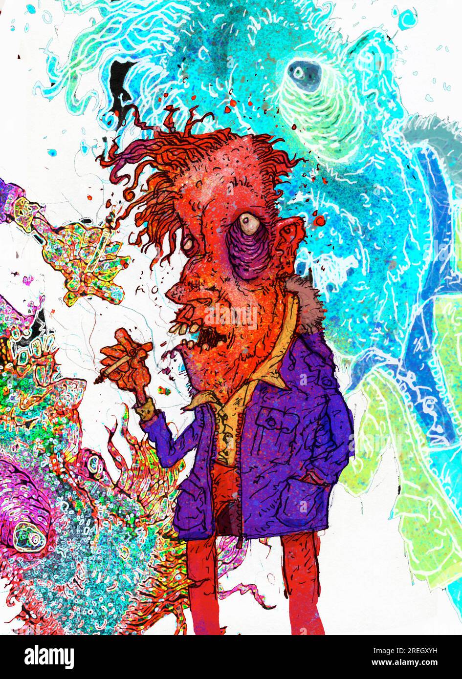 Psychedelische Kunst, Mann, der raucht, umgeben von farbigen Wirbeln, repräsentiert kreativen Geist, Inspiration, Ideen, vielleicht Poeten schlagen, 1970er Gegenkultur Stockfoto