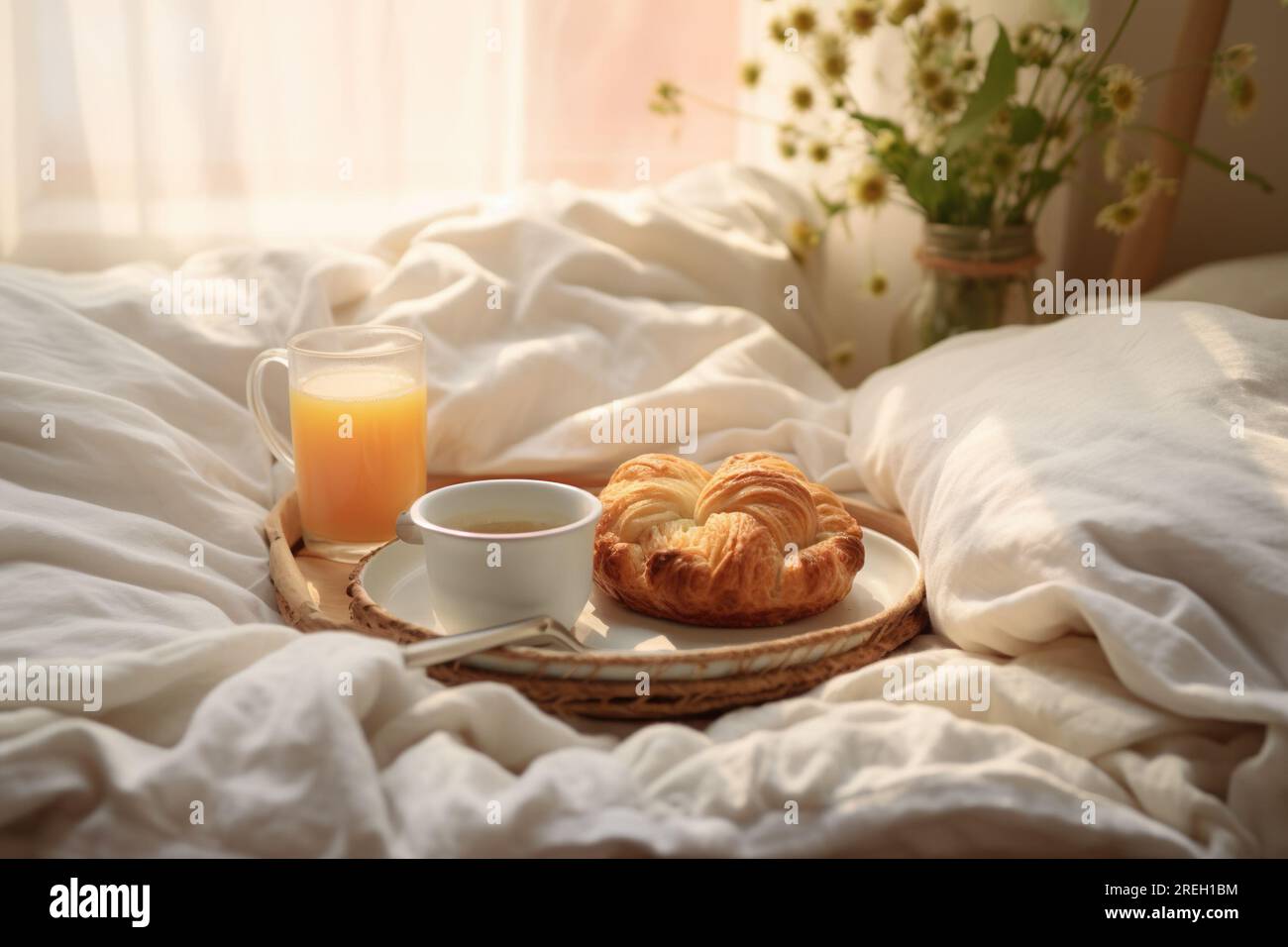 Frühstück im Bett mit Gebäck Stockfoto