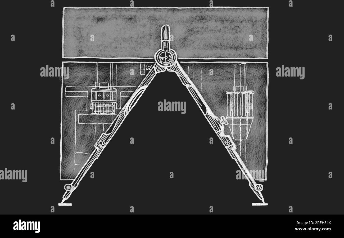 Kreide gezeichnete Skizze eines Kompasses (Zeichenwerkzeug) auf Hintergrund der Tafel. Schreibwaren für Bildung oder Wissenschaft. Platz zwischen den Beinen für Stockfoto