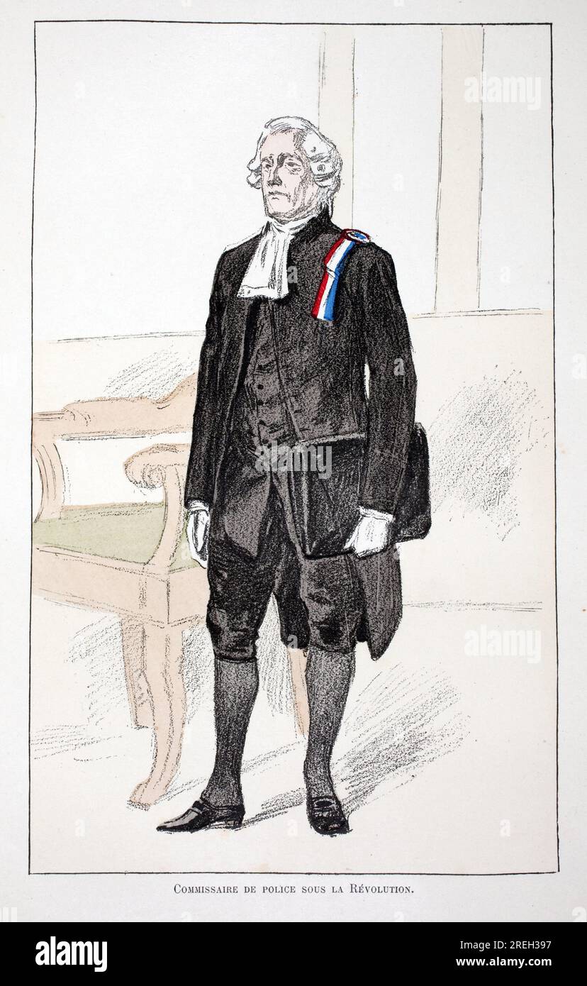 Commissaire de Police sous la Revolution (1789-1799). Eau forte en couleurs, pour Illustrator 'Histoire du Corps des gardiens de la paix' ouvrage publie sous les auspices de Louis Lepine (1846-1933) prefet de Police de la seine, par Alfred Rey (1864-?) Et Louis Feron (1862-?), Ausgabe Firmin Didot et Cie, 1896, Paris. Stockfoto