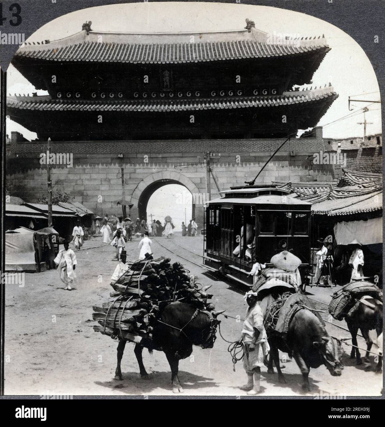 UN boeuf portant un Chargement de bois, A cote de la ligne de Tramway, devant Namdaemun, une porte monumentale de Seoul, Coree. Fotografie, 1904. . Stockfoto