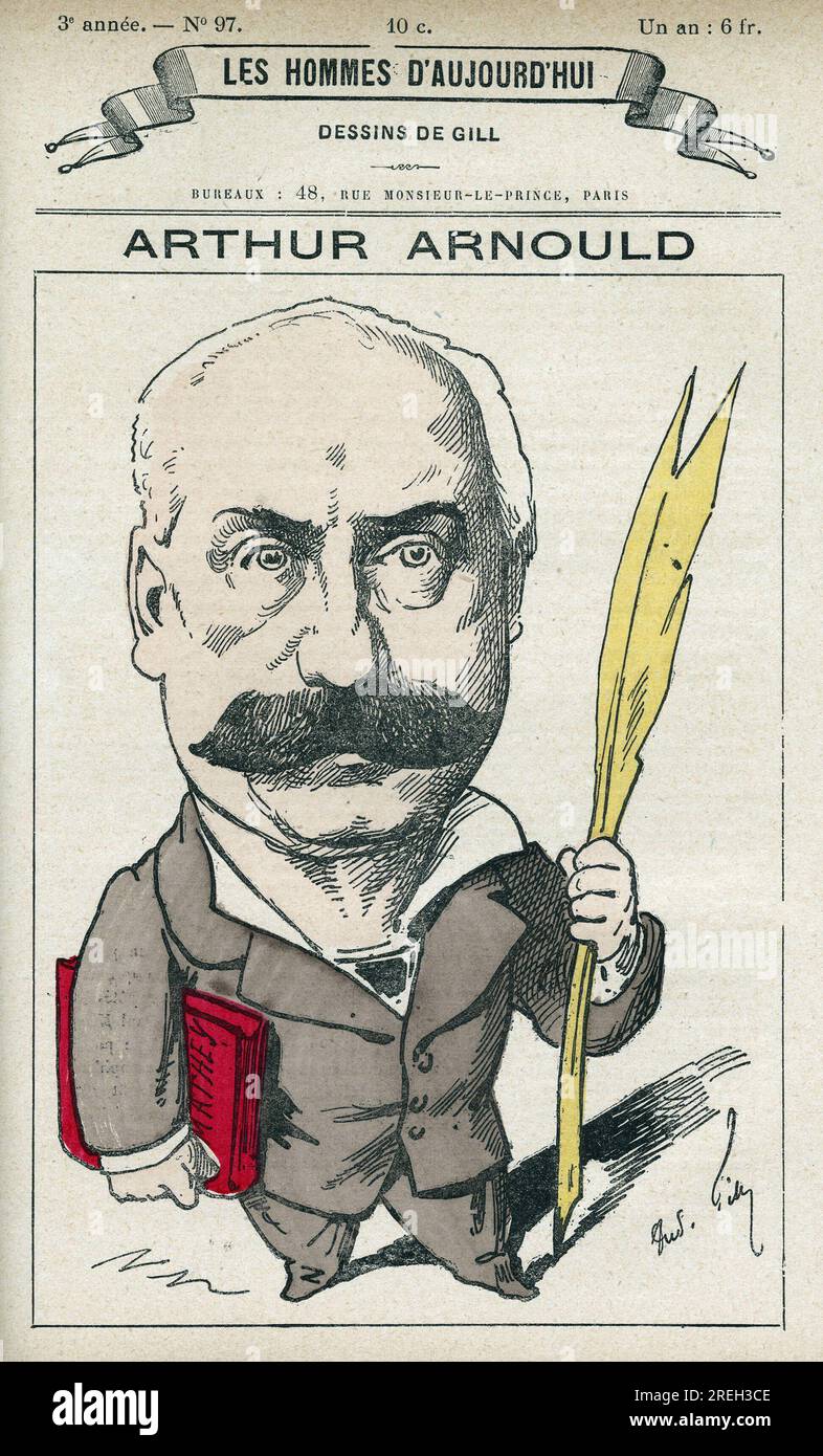 Portrait de Arthur Arnould (1833-1895), journaliste et homme politique francais, il participation a la Commune de Paris. Caricature de Gill, Paris. Stockfoto