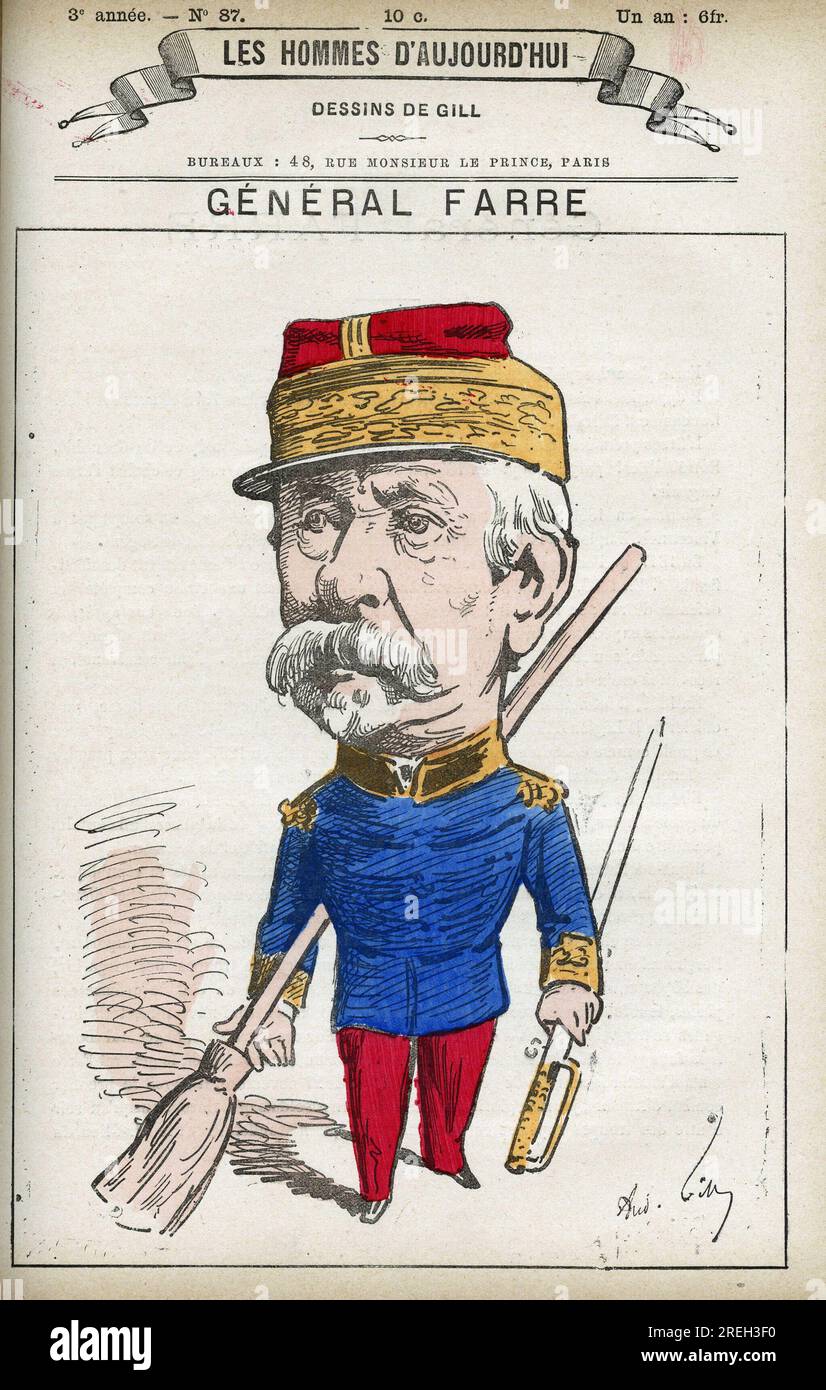 Portrait de Jean Joseph Frederic Albert Farre (1816-1887), Militaire francais, il fut nomme General en 1870 et ministre de la guerre. Caricature de Gill, Paris. Stockfoto
