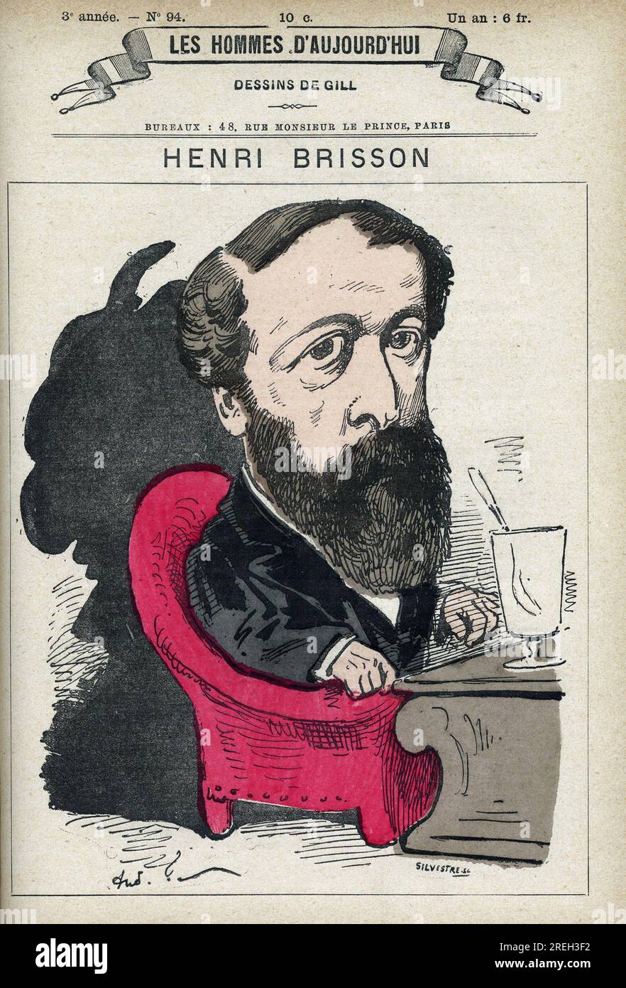 Portrait de Eugene Henri Brisson (1835-1912), avocat, journaliste et homme politique Francais. Karikatur de Gill, Paris. Stockfoto
