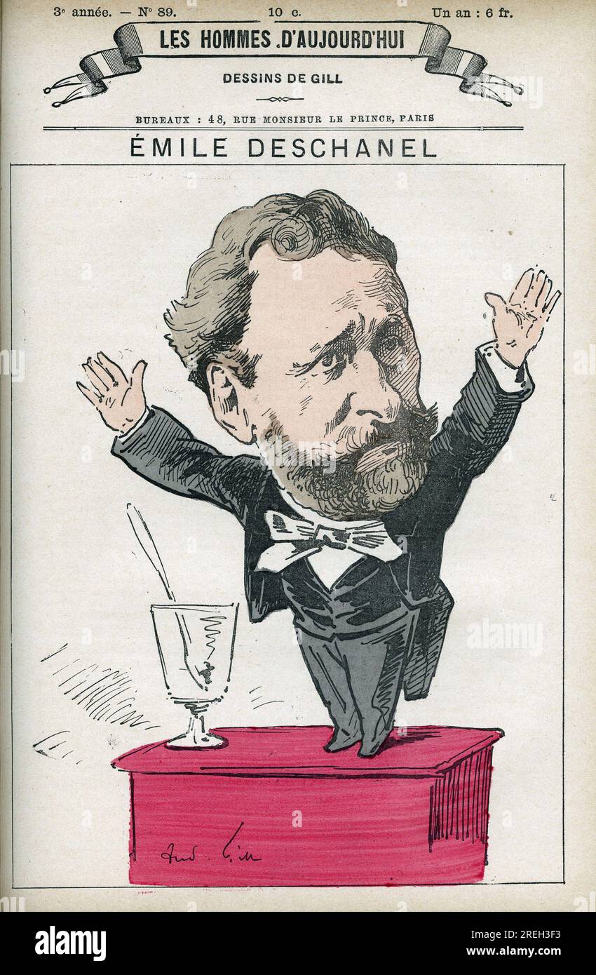 Portrait d'Emile Deschanel (1819-1904), ecrivain et homme politique francais et pere de Paul Deschanel (1855-1922), President de la Republique francaise en 1920. Caricature de Gill, Paris. Stockfoto