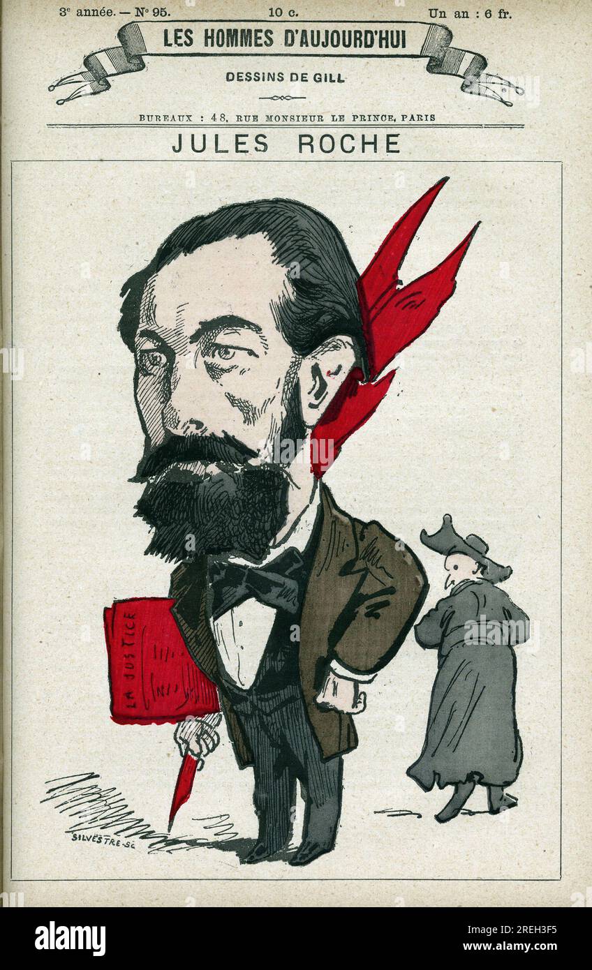 Portrait de Jules Roche (1841-1923), homme politique francais, il fut depute et ministre du Commerce et de l'Industrie de 1890 a 1892. Caricature de Gill, Paris. Stockfoto