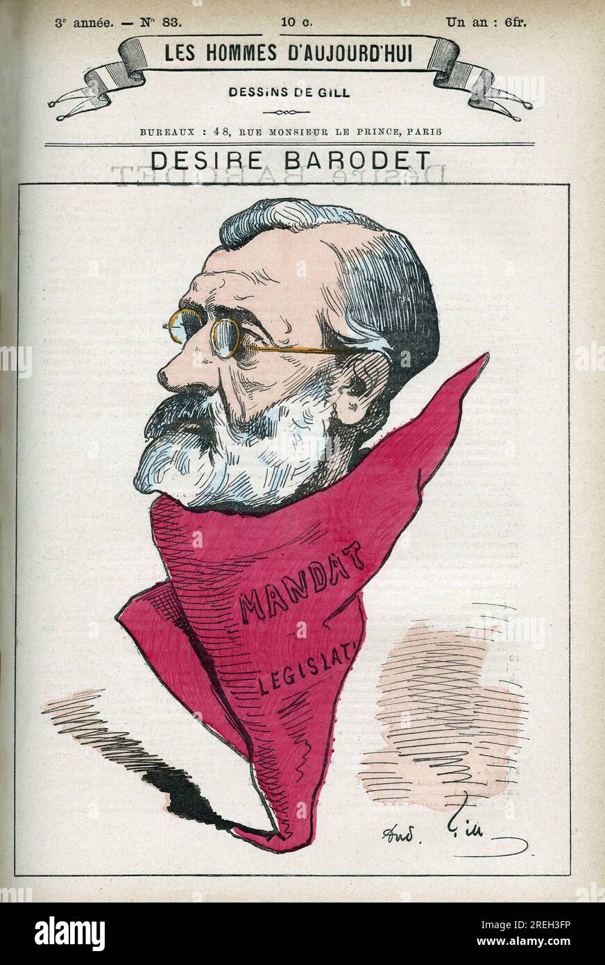 Portrait de Desire Barodet (1823-1906), instituteur et homme politique francais, il fut senateur de la seine de 1896 a 1900. Caricature de Gill, Paris. Stockfoto