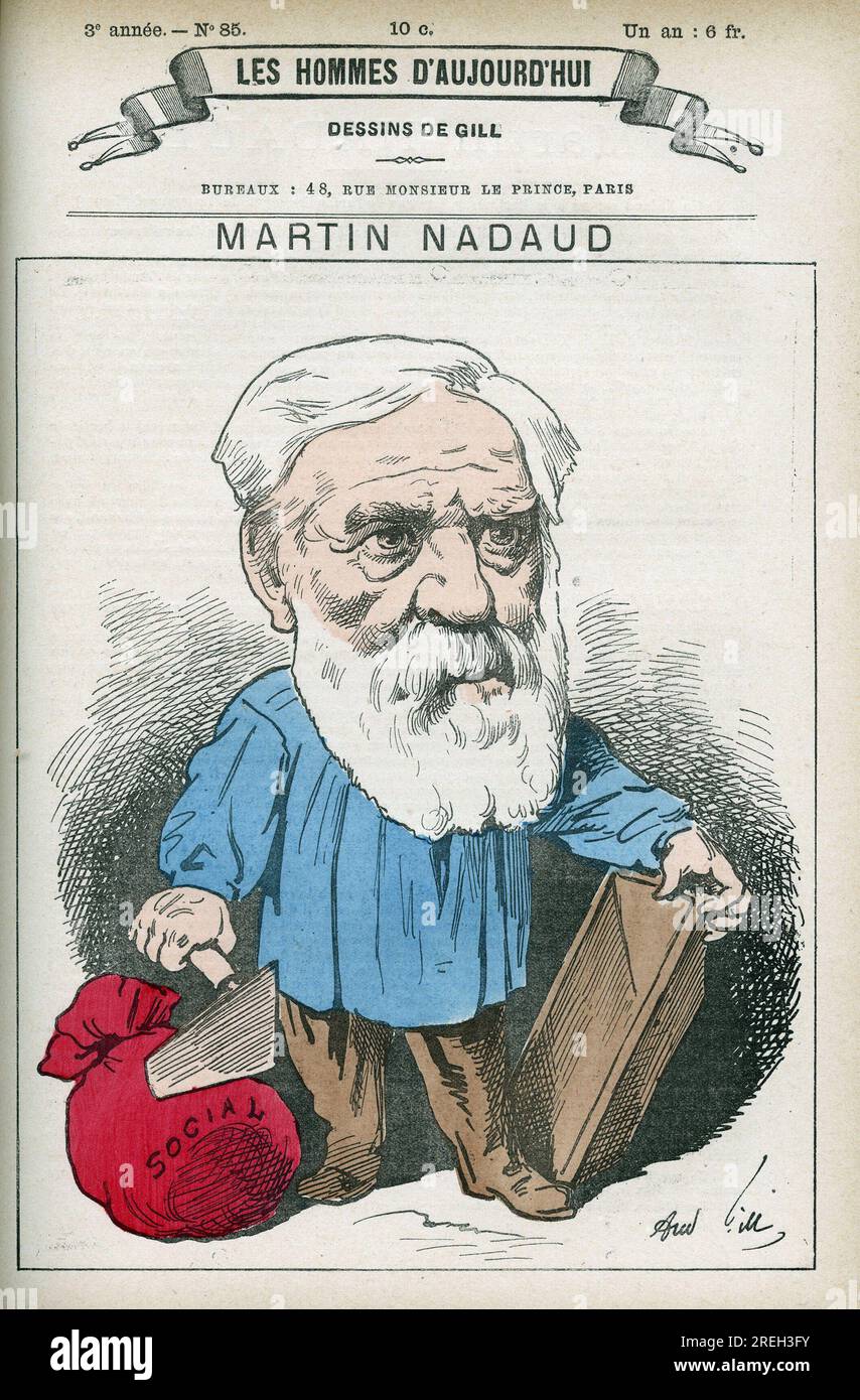 Portrait de Martin Nadaud (1815-1898), maøon et homme politique francais, il fut depute de la Creuse de 1876 a 1889. Caricature de Gill, Paris. Stockfoto