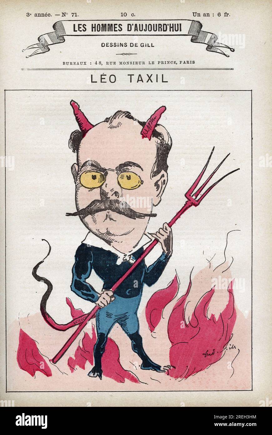 Portrait de Leo Taxil (1854-1907), ecrivain francais et auteur d'un Celebre canular qui piegeat le Pape et les eveques de France. Caricature de Gill, Paris. Stockfoto
