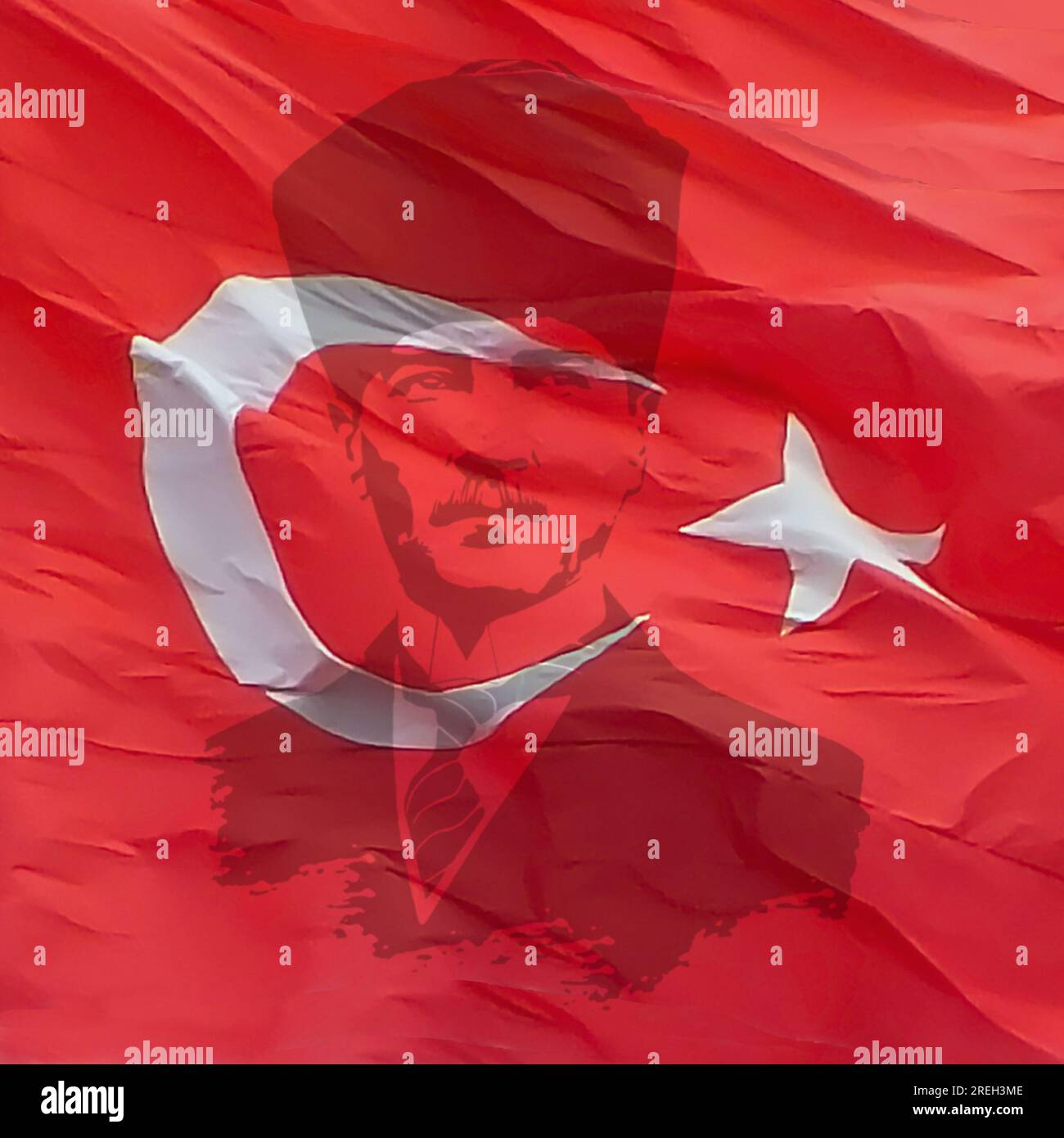 Türkische Flagge auf Atatürk-Silhouetten-Hintergrunddesign für den türkischen Nationalfeiertag Stockfoto