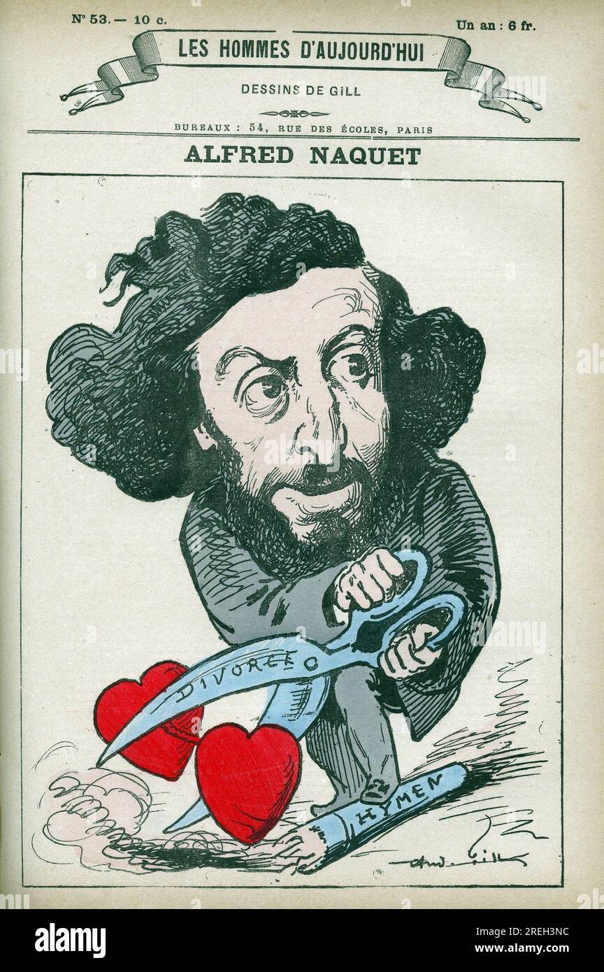 Portrait de Alfred Naquet (1834-1916), medecin, chimiste et homme politique francais, il retablit en 1884 la loi autorisant le divorce. Caricature de Gill, Paris. Stockfoto