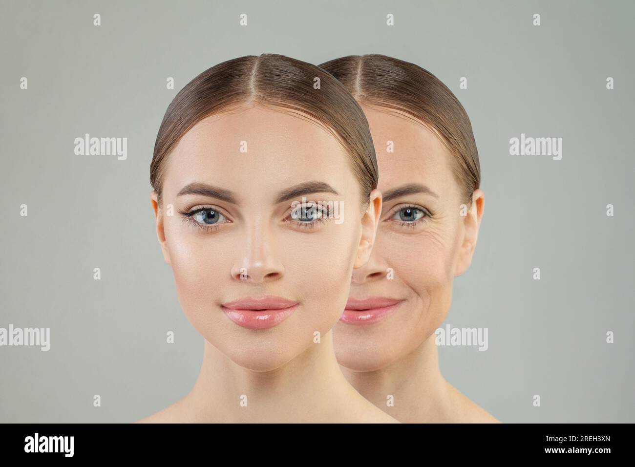 Porträt zweier weiblicher Modelle. Junge Frau und Seniorin, Nahaufnahme Stockfoto