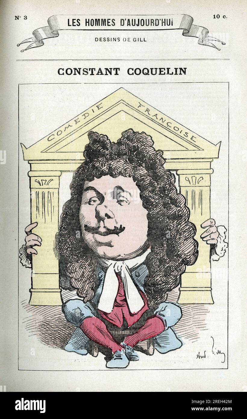 Portrait de Constant Coquelin (1841-1909), acteur de Theatre francais. Caricature de Gill, Paris. Stockfoto