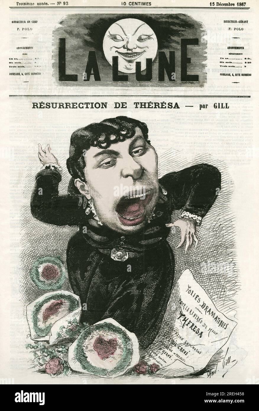 Portrait de Emma Valladon dite Theresa (1837-1913), chanteuse Francaise d'Operette. Karikatur von Gill, in 'La Lune', 15. Dezember 1867. Stockfoto