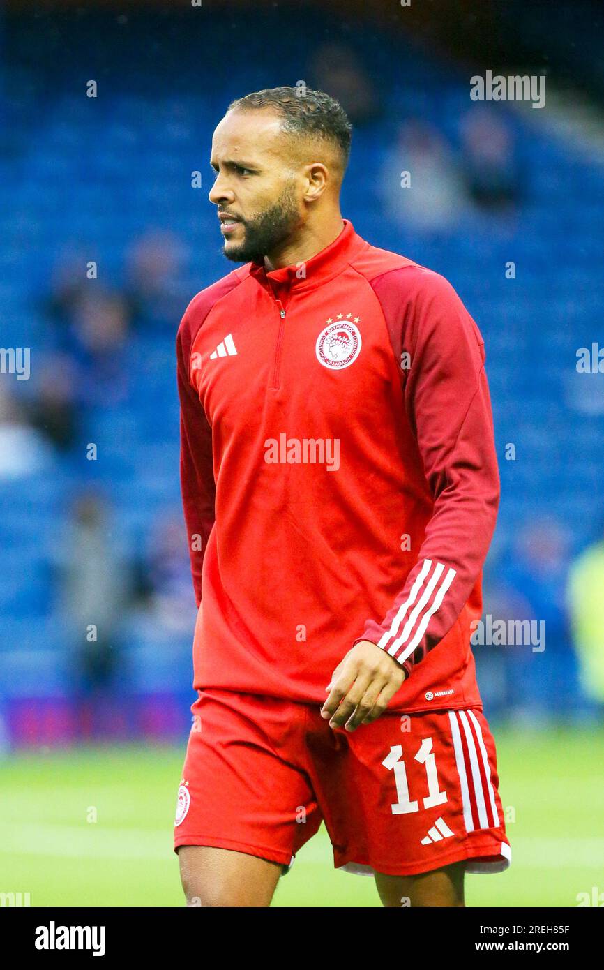 Youssef el Arabi spielte für den Olympiacos FC und wurde während eines Trainings im Ibrox Stadium, Glasgow, Großbritannien, fotografiert Stockfoto