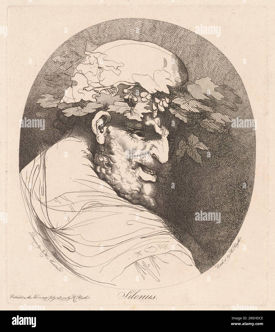 "Robert Blyth, nach John Hamilton Mortimer, Silenus, 1779, Ätzen auf liegendem Papier, Platte: 23,7 x 20,9 cm (9 5/16 x 8 1/4 Zoll) Laken: 42,8 x 28,4 cm (16 7/8 x 11 3/16 Zoll), Geschenk von Thomas Vogler zum Gedenken an seinen Bruder Donald J. Vogler, 2017.53.85' Stockfoto