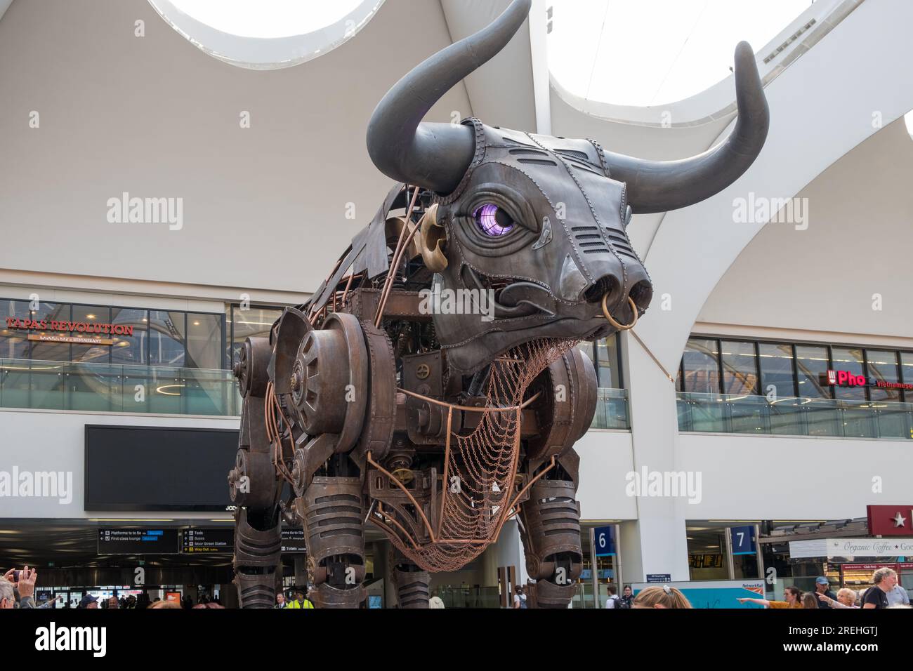 Ozzy, der Stier, der bei der Eröffnungszeremonie der Birmingham Commonwealth Games zu sehen war, befindet sich jetzt in der Halle der Birmingham New Street Station Stockfoto