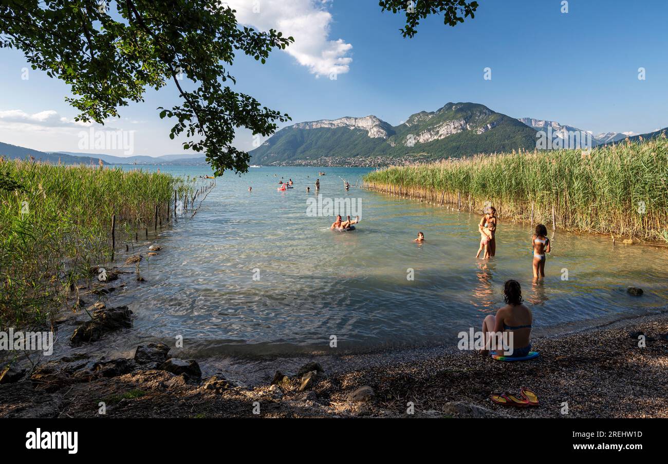 Schwimmer genießen das saubere Wasser eines schönen Kieselstrandes am Lake Annecy bei Sonnenuntergang. Wunderschöne Aussicht auf den Lake Annecy vom Rand eines Strandes. Stockfoto