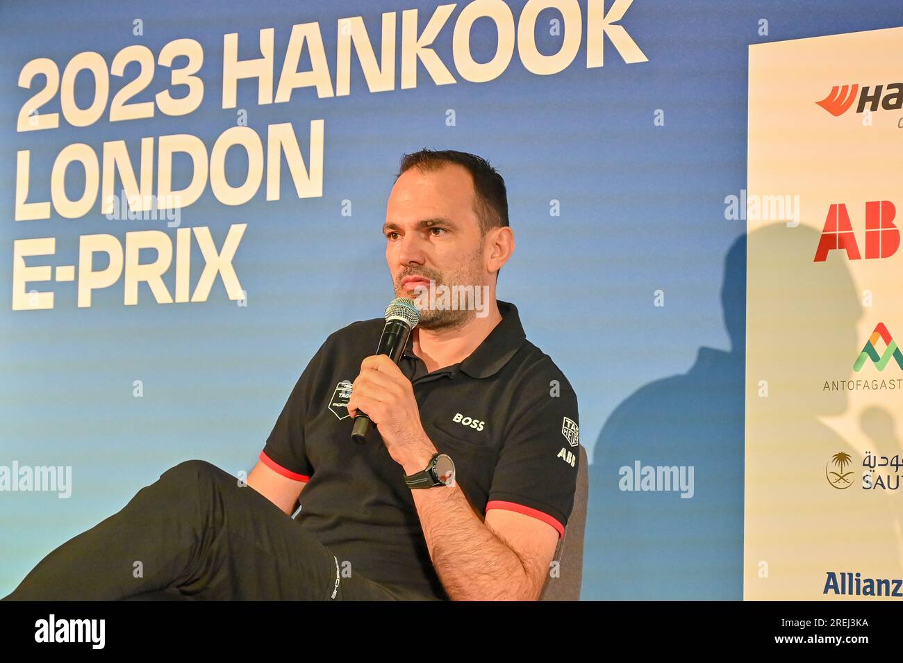 London, Großbritannien. 28. Juli 2023. Excel, London, Großbritannien, am 28 2023. Juli. Florian Modlinger, Team-TAG Heuer Porsche Formel E auf einer Medienkonferenz während der HANKOOK 2023 London ABB Formel E Weltmeisterschaft im Excel, London, UK am 28 2023. Juli. Kredit: Francis Knight/Alamy Live News Stockfoto