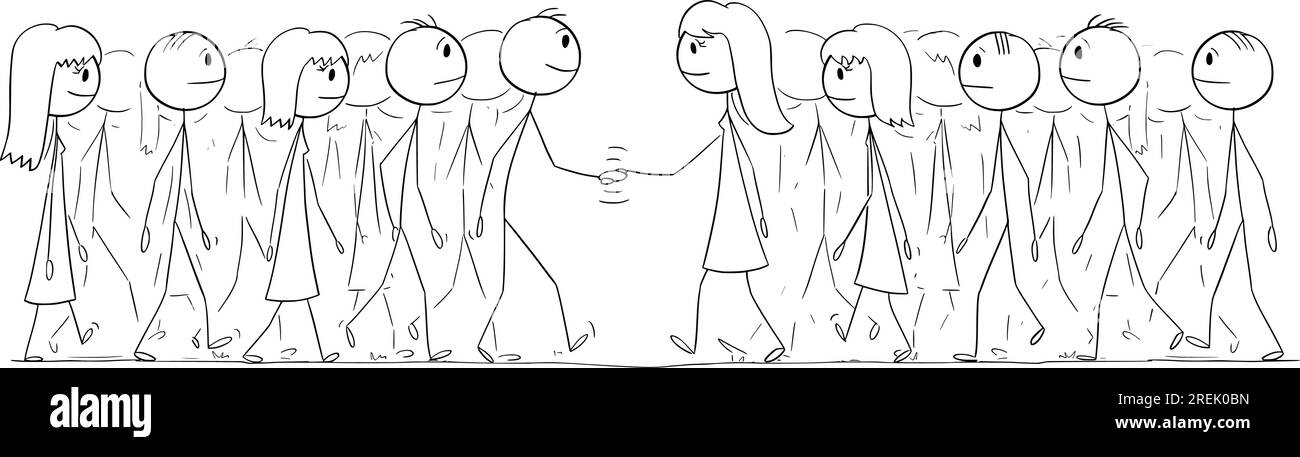 Zwei Teams oder Gruppen von Personen treffen sich und Handshaking, Vector Cartoon Stick Abbildung Stock Vektor