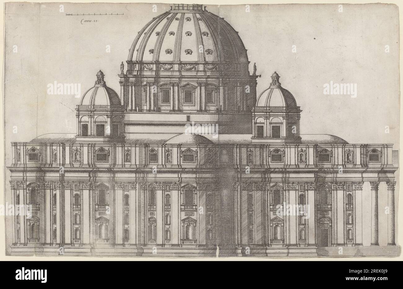 "Ambrogio Brambilla, nach Michelangelo, Längsansicht des Petersdoms, Rom, 1575/1590, Ätzen auf liegendem Papier, Blatt: 28,6 x 44,8 cm (11 1/4 x 17 5/8 Zoll) (Schnitt im Bild; unregelmäßig), Geschenk des Anwesens Leo Steinberg, 2011.139.55' Stockfoto